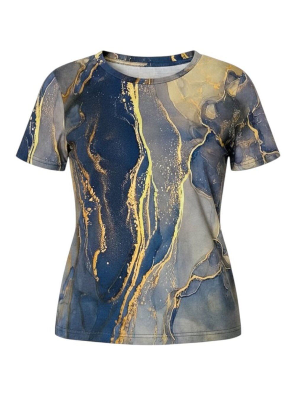 Women's Short Sleeve Crew Neck Top Shirt Electric Gold & Blue Marble Print Sz M